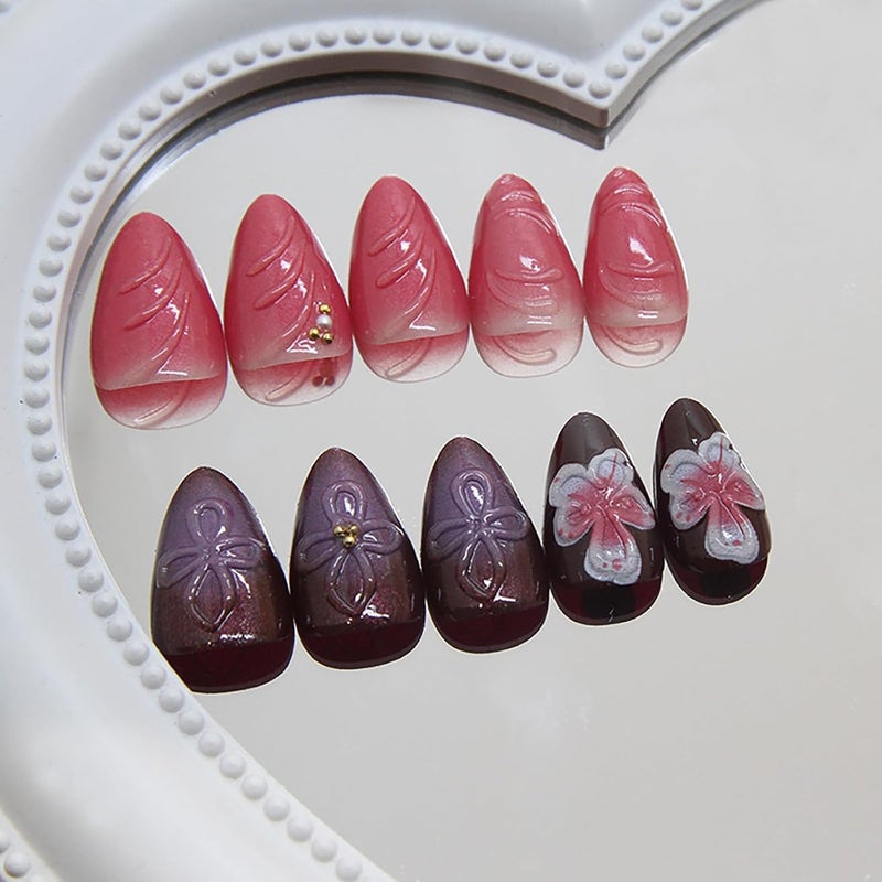 ASABITE 24 Pcs Almond Press on Nails Medium Length Fake Nails with Glue 3D Flower Nails Acrylic Nails Press ons Artificial Nails Spring Summer Glue on Nails Reusable False Nails Manicure for Women - Image 3